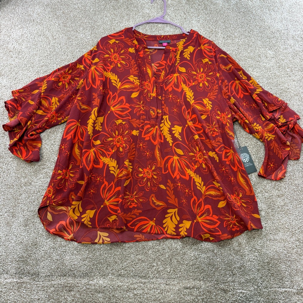 Vince Camuto Delicate Ditsy Floral Ruffle Sleeve Blouse Chili Red 1X Boho Plus